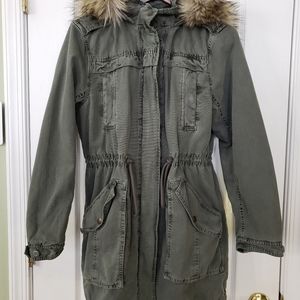 American Eagle Olive Fur Hooded Anorak Jacket (Sm)